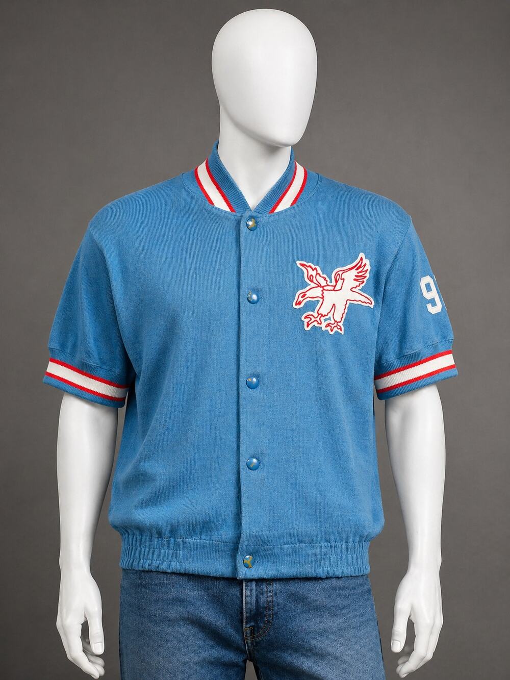 Vintage 70s Sand Knit Falcons Warmup Jersey Blue Snap Front USA 42 made in usa